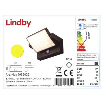 Aplică LED solară cu senzor SHERIN LED/3,7W/3,7V IP54 Lindby