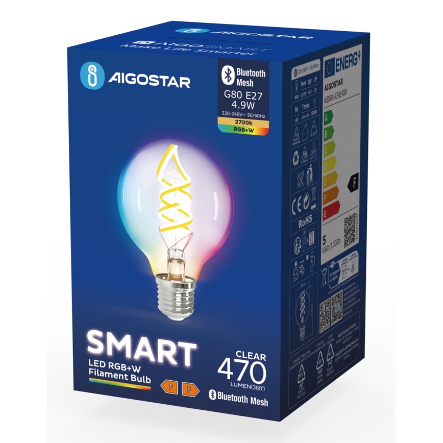 Bec LED RGBW Aigostar FILAMENT G80 E27/4,9W/230V 2700K