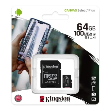 Card de memorie MicroSDXC 64GB Canvas Select Plus U1 100MB/s Kingston + adaptor SD