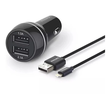 Încărcător auto 2xUSB/12V + cablu USB/conector Lightning Philips DLP2357V/10