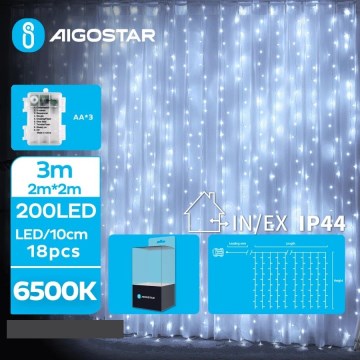 Instalație LED de Crăciun de exterior Aigostar 200xLED/8 funcții 3xAA 5x2m IP44 alb rece