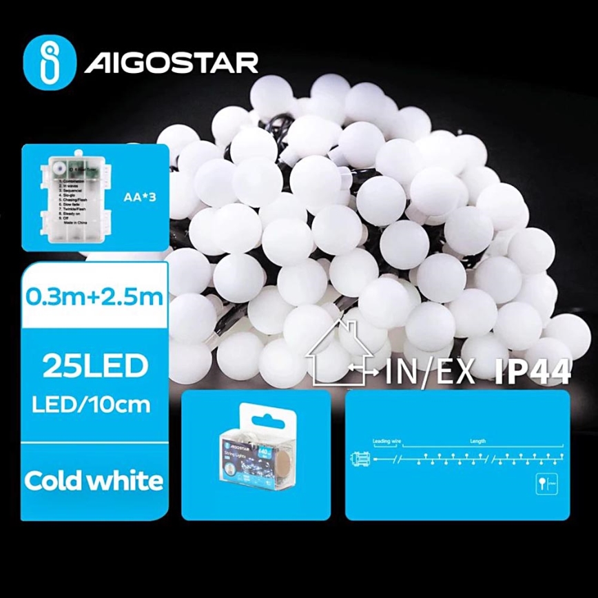 Instalație LED de Crăciun de exterior Aigostar 25xLED/3xAA/8 funcții 2,8 m IP44 alb rece