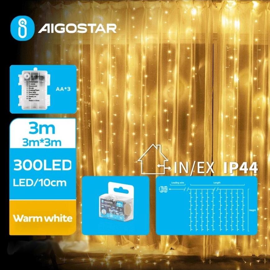 Instalație LED de Crăciun de exterior Aigostar 300xLED/8 funcții 3xAA 6x2m IP44 alb cald