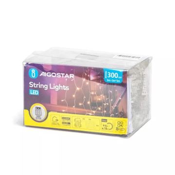 Instalație LED de Crăciun de exterior Aigostar 300xLED/8 funcții 3xAA 6x2m IP44 alb cald