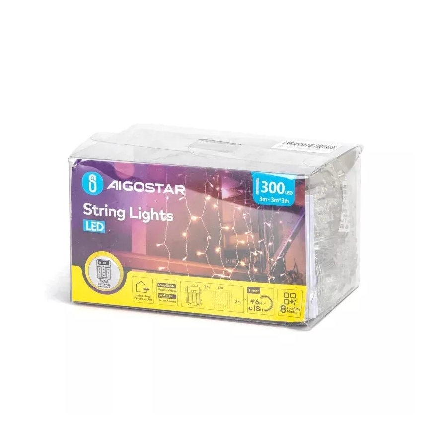 Instalație LED de Crăciun de exterior Aigostar 300xLED/8 funcții 3xAA 6x2m IP44 alb cald