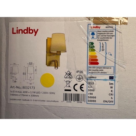 Lampă de perete AIDEN 1xE14/40W/230V + LED/3,1W/230V Lindby