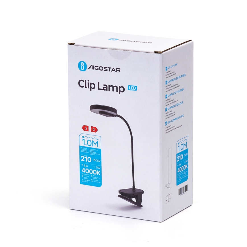 Lampă LED reîncărcabilă dimabilă de masă cu clemă Aigostar LED/2,5W/5V 1800mAh negru