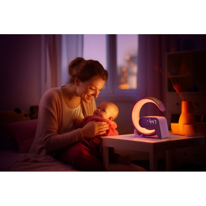 Lampă LED RGB dimabilă cu ceas deșteptător și încărcare Qi 30W/230V auriu