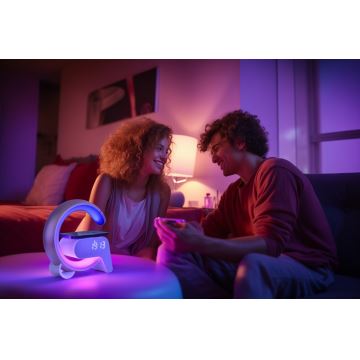 Lampă LED RGB dimabilă cu ceas deșteptător și încărcare Qi 30W/230V auriu