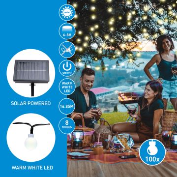 Lanț LED solar Grundig 100xLED/8 funcții 16,85m alb cald