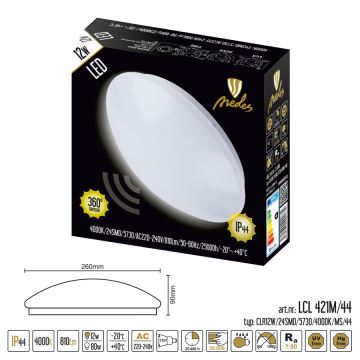 Nedes LCL421M/44 - LED Plafoniera baie cu senzor LED/12W/230V