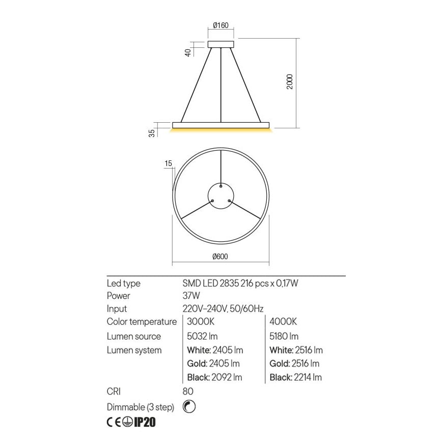 Lustră LED dimabilă pe cablu Redo 01-2865 FEBE LED/37W/230V auriu