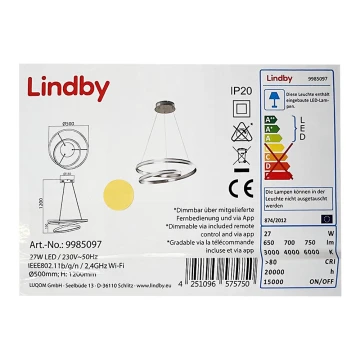 Lustră LED dimabilă pe cablu SMART VERIO LED/27W/230V 3000/4000/6000K Lindby + telecomandă