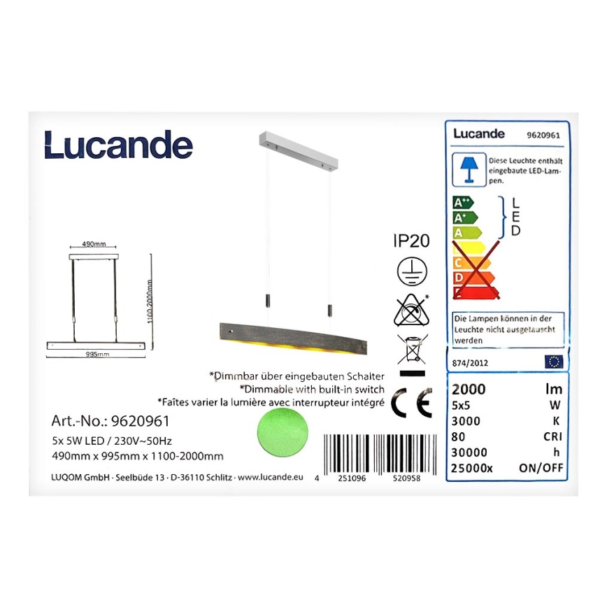 Lustră LED pe cablu dimabilă LIO 5xLED/5W/230V Lucande