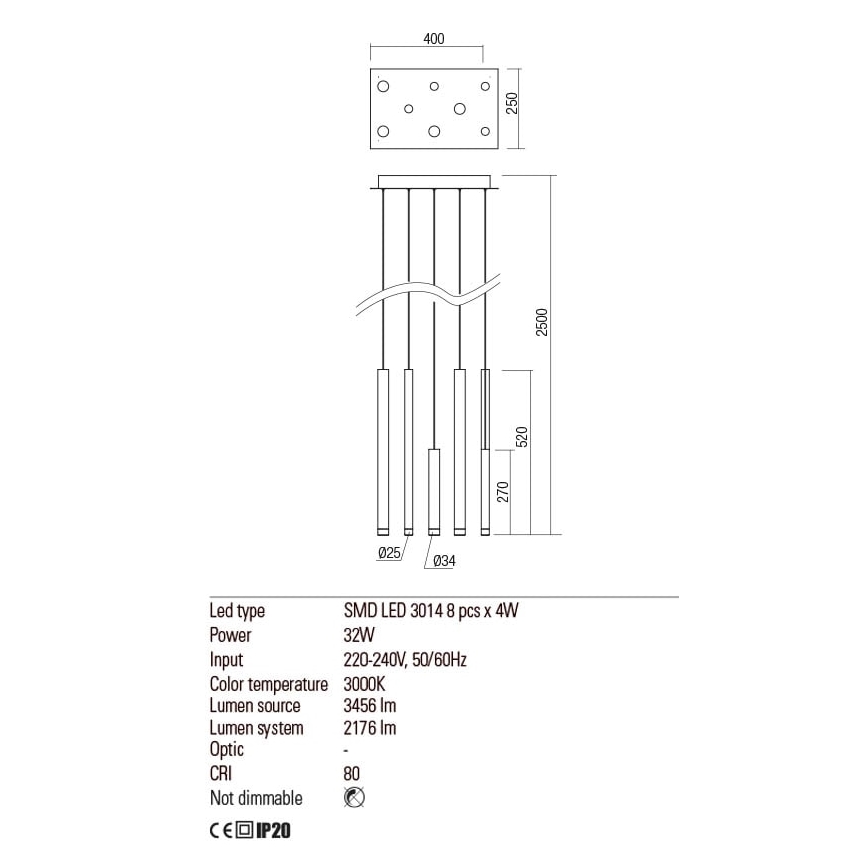 Lustră LED pe cablu Redo 01-2049 MADISON 8xLED/4W/230V crom lucios/negru/cupru