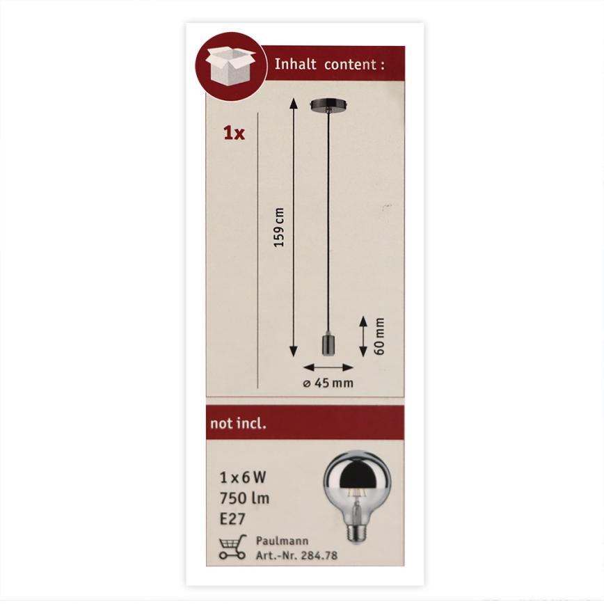 Lustră pe cablu de exterior 230V 1xE27/20W IP44 Paulmann 70896