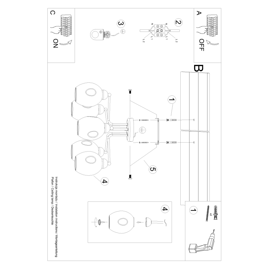 Lustră pe tijă FILLAN 5xE27/60W/230V neagră