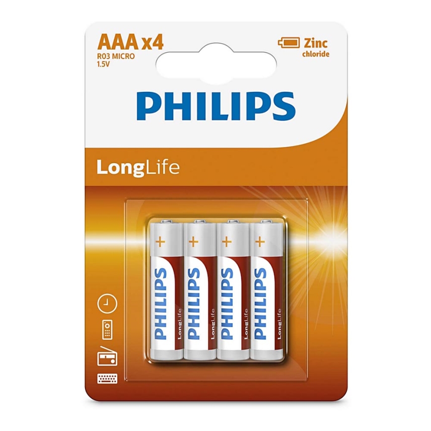 Philips R03L4B/10 - 4 buc Baterie clorura de zinc AAA LONGLIFE 1,5V 450mAh