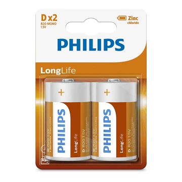 Philips R20L2B/10 - 2 buc Baterie clorura de zinc D LONGLIFE 1,5V 5000mAh