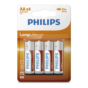 Philips R6L4B/10 - 4 buc Baterie clorura de zinc AA LONGLIFE 1,5V 900mAh