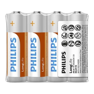 Philips R6L4F/10 - 4 buc Baterie clorura de zinc AA LONGLIFE 1,5V 900mAh