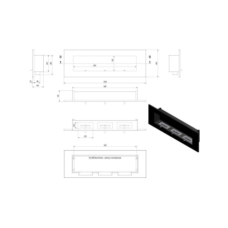 Șemineu BIO încorporat 40x120 cm 3x1,1kW negru Kratki