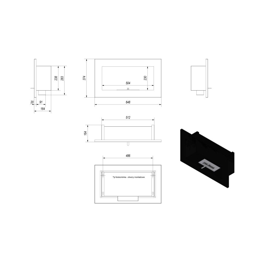 Șemineu BIO încorporat 37,4x64,8 cm 1kW negru Kratki