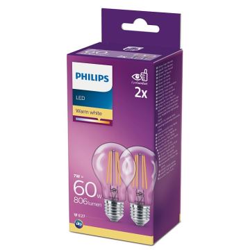 SET  2x bec LED Philips A60 E27/7W/230V 2700K