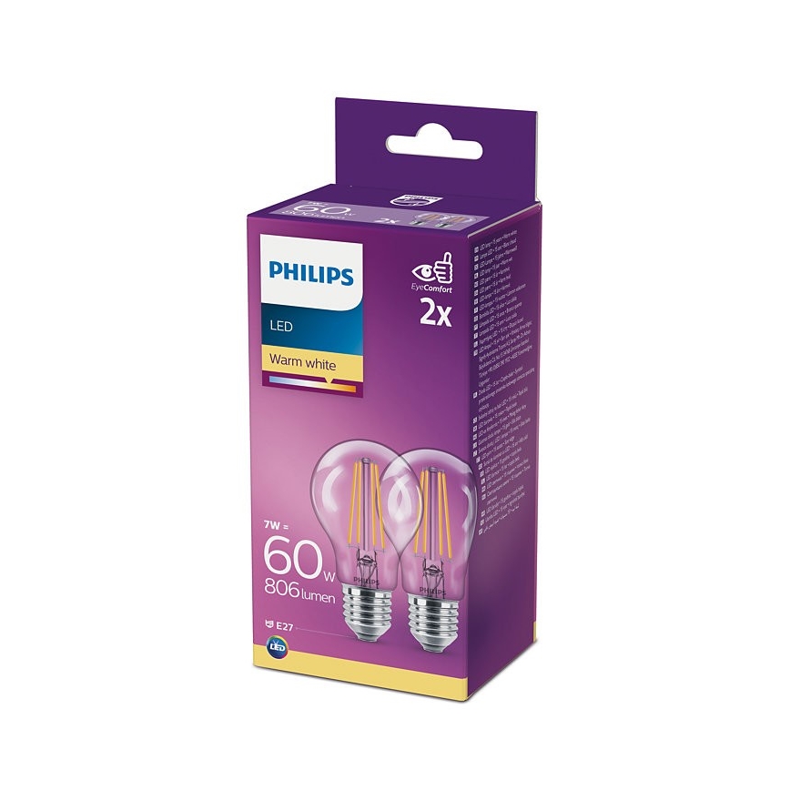 SET  2x bec LED Philips A60 E27/7W/230V 2700K