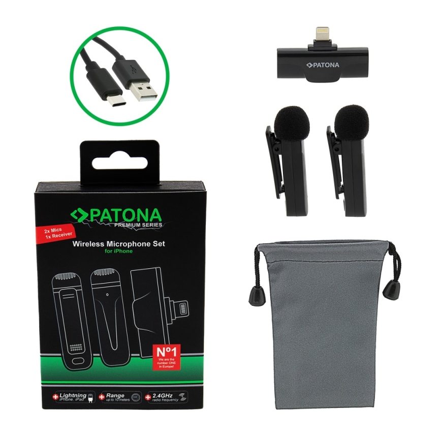 SET 2x microfon fără fir cu clemă PATONA pentru dispozitive iPhone USB-C 5V