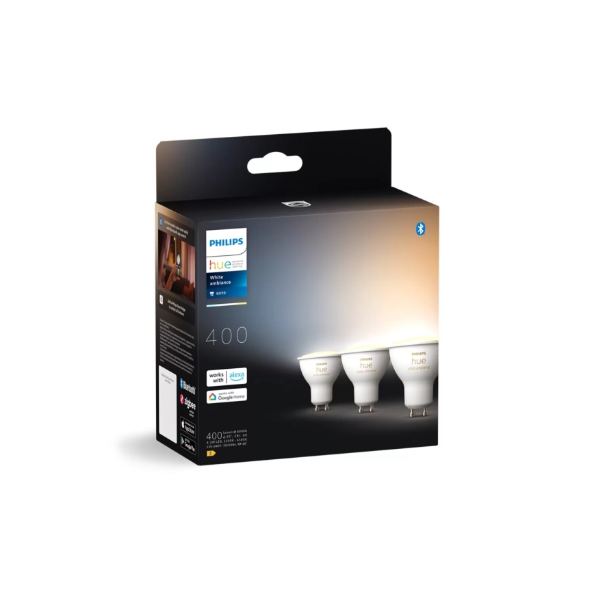 SET 3x bec LED dimabil Philips Hue WHITE AMBIANCE GU10/4,2W/230V 2200-6500K