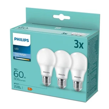 SET 3x bec LED Philips A60 E27/8W/230V 6500K