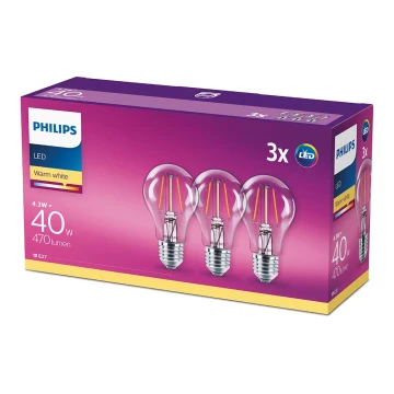 SET 3x Bec LED Philips E27/4,3W/230V 2700K