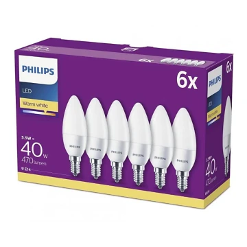 SET 6x bec LED Philips B35 E14/5,5W/230V 2700K