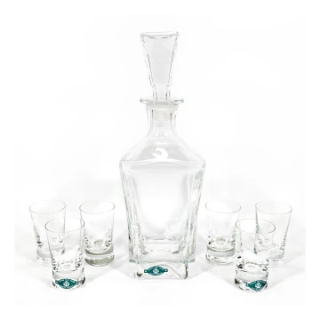 Set transparent 1x sticlă, 1x dop sticlă și 6x pahar de tărie