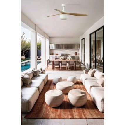 Ventilator de tavan FARO 34361WT-11L OUTWOOD L 1xE27/15W/230V maro/alb d. 150 cm Wi-Fi Tuya IP44 + telecomandă