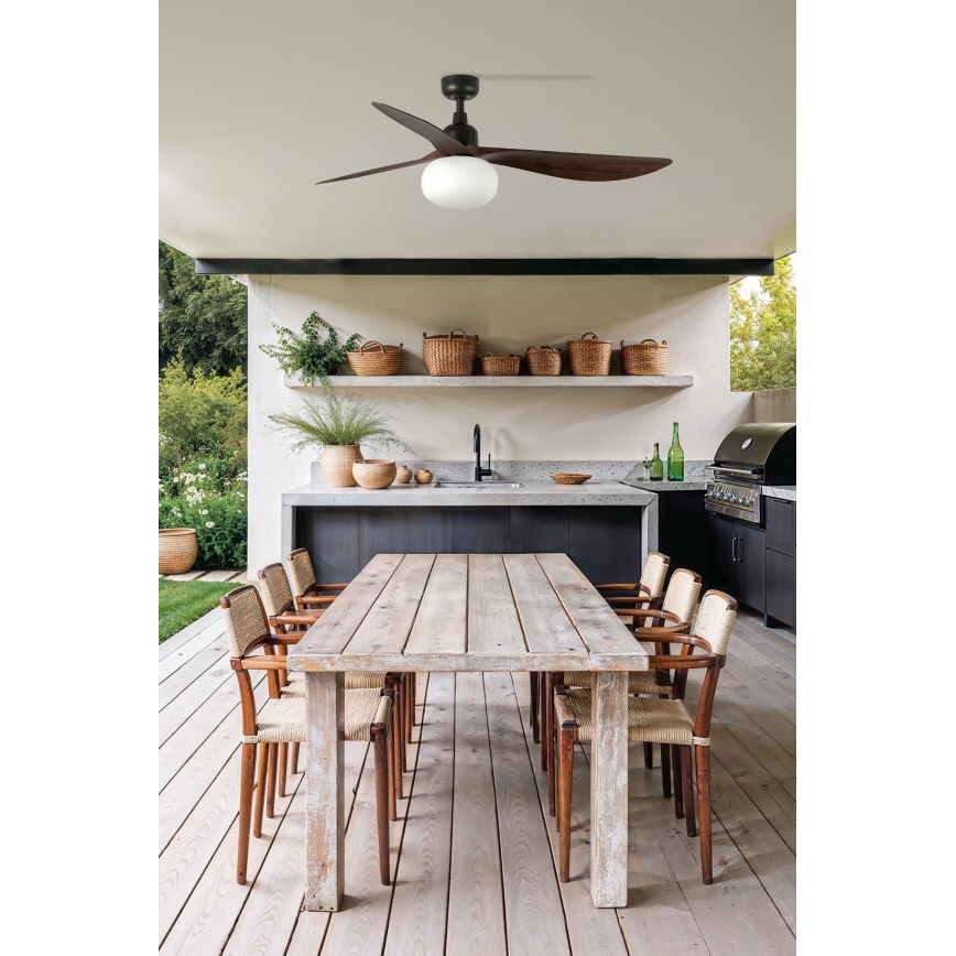 Ventilator de tavan FARO 34362WT-11L OUTWOOD L 1xE27/15W/230V maro/negru d. 150 cm Wi-Fi Tuya IP44 + telecomandă